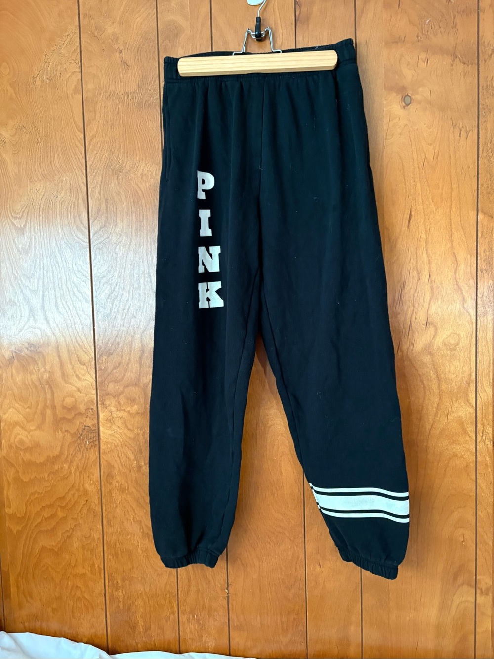PINK Victoria's Secret Black Joggers with White Lettering & Stripe